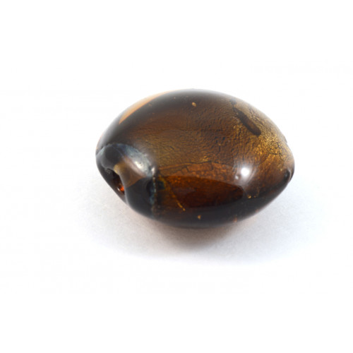 Flat puffed round 12mm glass bead brown silver foil